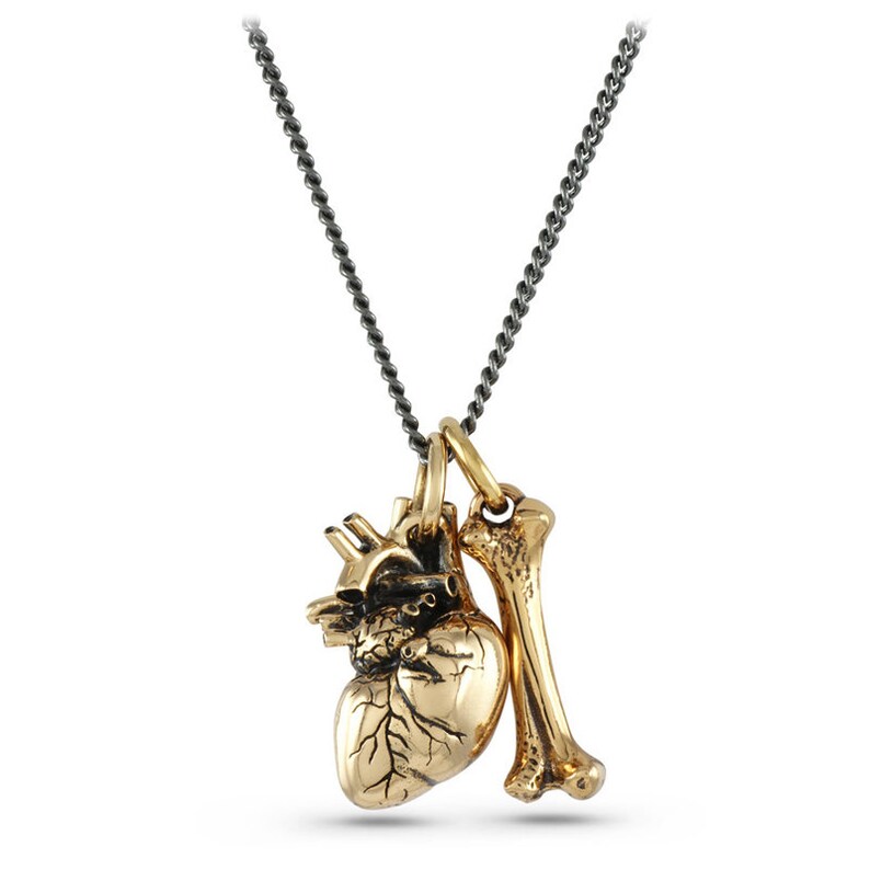 May include: A gold necklace with a detailed anatomical heart and bone charm. The chain is black and silver.
