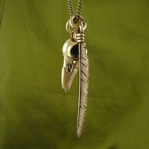 Bird Skull and Feather Necklace Bronze Raven Skull and Feather Pendant image 4
