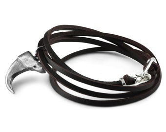 Claw Bracelet - Antique Silver Cougar Claw Bracelet - Leather Wrap Bracelet for Men
