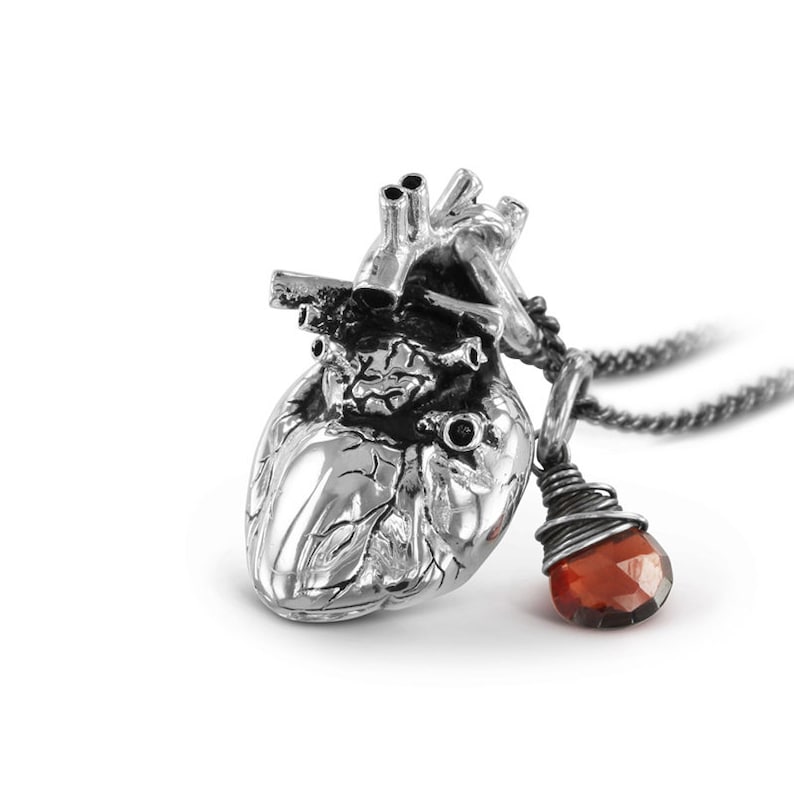 Anatomical Heart and Garnet Necklace Antique Silver Anatomical Heart and Garnet Pendant Anatomical Heart with Wire Wrapped Garnet image 1