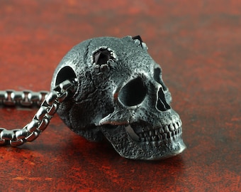 Horned Skull Pendant - Sterling Silver Skull with Horns - Human Skull Pendant with Onyx Horns