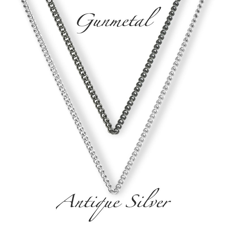 May include: Two chains, one silver and one gunmetal, are shown hanging against a white background. The silver chain is labelled "Antique Silver" and the gunmetal chain is labelled "Gunmetal".