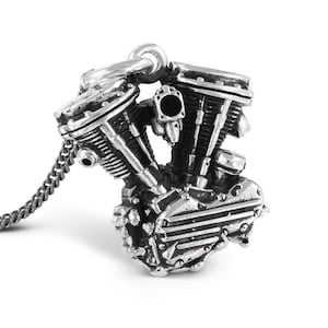 Motorcycle Engine Necklace - Antique Silver Harley Davidson Panhead V Twin Pendant