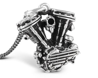 Motorcycle Engine Necklace - Antique Silver Harley Davidson Panhead V Twin Pendant