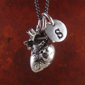 Personalized Heart - Anatomical Heart with Initial Charm Necklace - Antique Silver Heart and Initial Pendant on 24" Gunmetal Chain