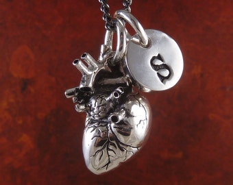 Personalized Heart - Anatomical Heart with Initial Charm Necklace - Antique Silver Heart and Initial Pendant on 24" Gunmetal Chain