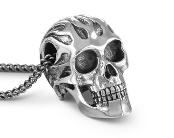 Flaming Skull Necklace - Antique Silver Flaming Skull Pendant