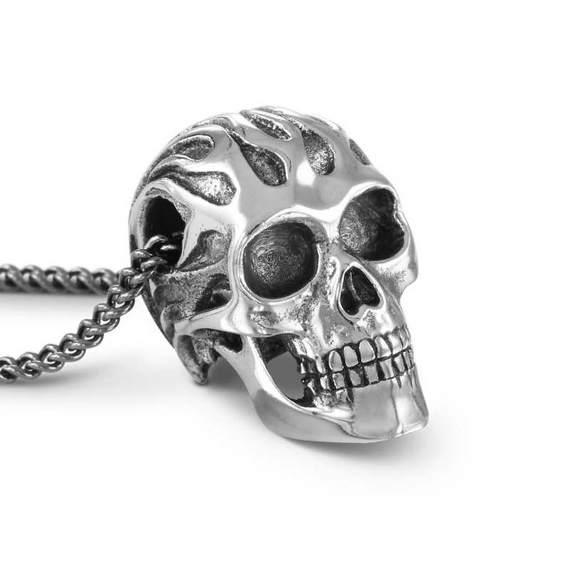 Flaming Skull Necklace Antique Silver Flaming Skull Pendant image 1