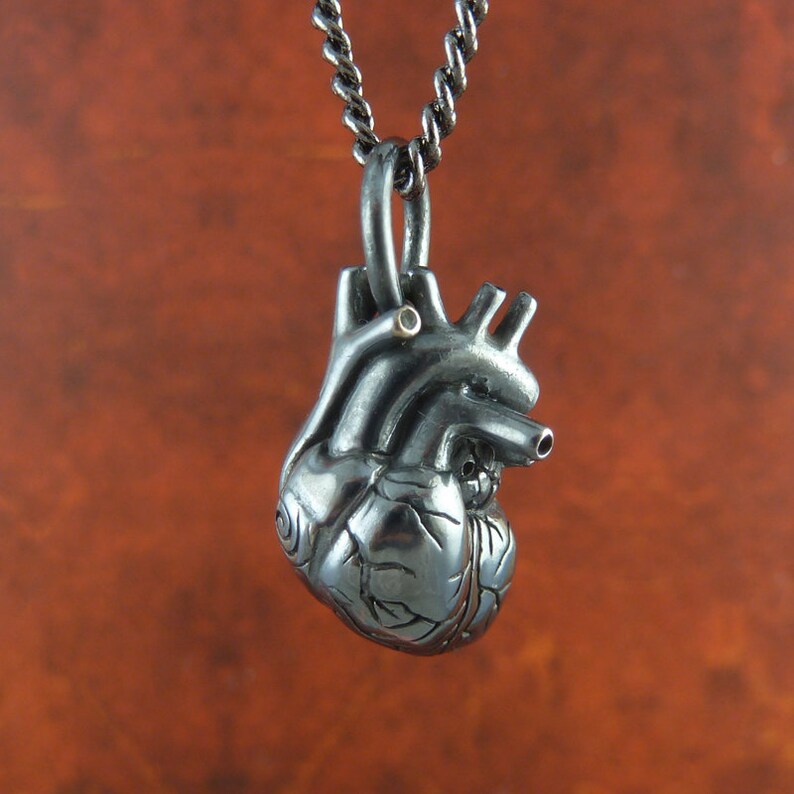 Sterling Silver Small Anatomical Heart Necklace Small Black Etsy