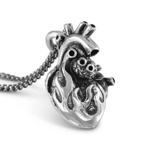 Flaming Heart Necklace - Antique Silver Flaming Anatomical Heart Pendant