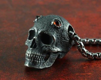 Horned Skull Pendant - Sterling Silver Skull with Horns - Human Skull Pendant with Garnet Horns