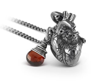 Small Black Heart with Garnet - Oxidized Sterling Silver Anatomical Heart with Sterling Silver Wire-Wrapped Garnet