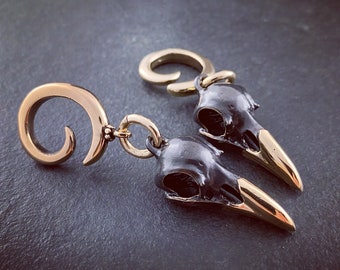 Black Raven Skull Ear Weights - Bird Skull Hangers