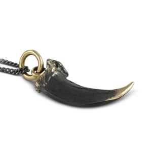 May include: A black and gold claw pendant necklace. The claw is made of metal and has a textured surface. The pendant is attached to a black chain.