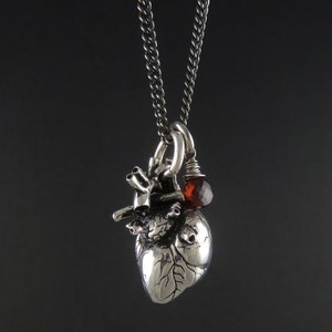 Anatomical Heart and Garnet Necklace Antique Silver Anatomical Heart and Garnet Pendant Anatomical Heart with Wire Wrapped Garnet image 7