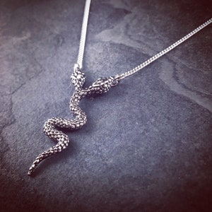 May include: A silver snake necklace with two snake heads. The snake is coiled and has a textured surface.