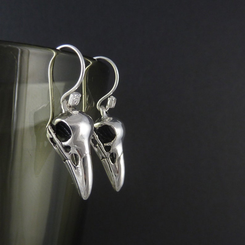 Bird Skull Earrings - Antique Silver Raven Skull Earrings image 4