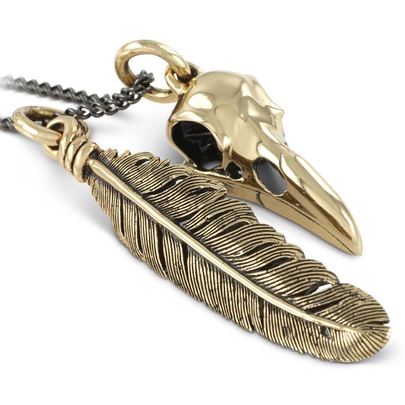 Bird Skull and Feather Necklace Bronze Raven Skull and Feather Pendant image 1