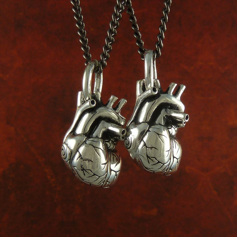 Anatomical Heart Necklaces Two Hearts Hearts for Lovers Two Antique Silver Small Anatomical Heart Pendants on 24 Gunmetal Chains image 3