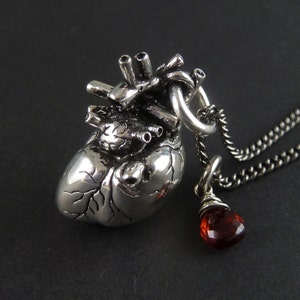Birthstone Necklace January Birthstone Necklace Antique Silver Anatomical Heart Necklace with Sterling Silver Wire Wrapped Garnet image 1