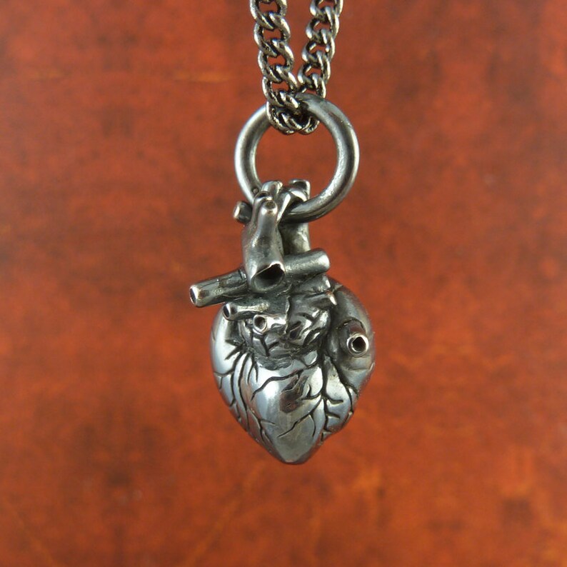 Sterling Silver Small Anatomical Heart Necklace Small Black Etsy