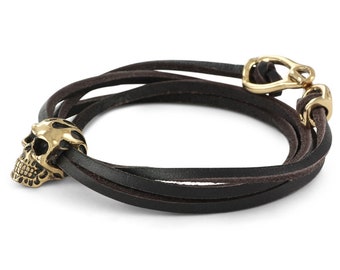 Skull Wrap Bracelet - Bronze Flaming Skull Leather Bracelet