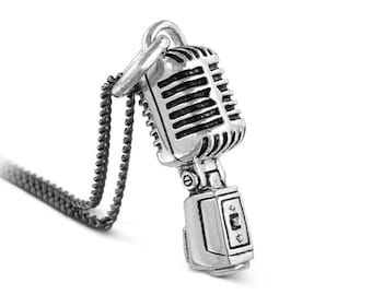 Microphone Necklace - Antique Silver Microphone Pendant