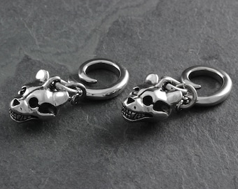 Teddy Bear Skull Ear Weights - Antique Silver Teddy Bear Skull Gauged Earrings - Skull Gauges