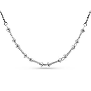 May include: A silver necklace with a bone-shaped chain. The necklace is made of multiple bone-shaped links that are connected together.