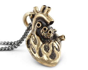 Flaming Heart Necklace - Bronze Flaming Anatomical Heart Pendant