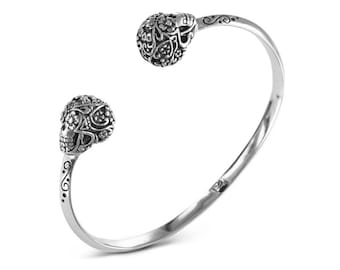 Sugar Skull Cuff - Antique Silver Day of the Dead Cuff Bracelet - Silver Skull Cuff