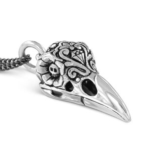 Raven Skull Necklace - Antique Silver Day of the Dead Raven Skull - Ornate Bird Skull