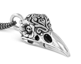 Raven Skull Necklace - Antique Silver Day of the Dead Raven Skull - Ornate Bird Skull