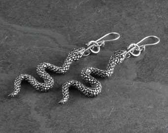 Snake Earrings - Antique Silver Snake Dangle Earrings