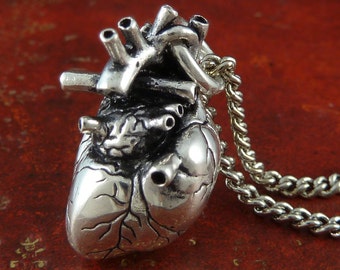 Gothic Heart Necklace - Antique Silver Anatomical Heart Pendant on 24" Antique Silver Chain