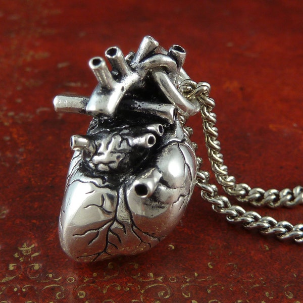 Gothic Heart Necklace - Antique Silver Anatomical Heart Pendant on 24" Antique Silver Chain