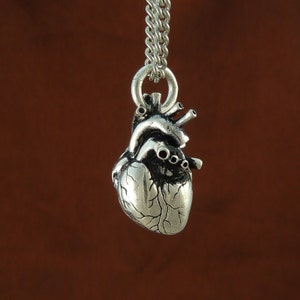Gothic Heart Necklace Antique Silver Anatomical Heart Pendant on 24 Antique Silver Chain image 2