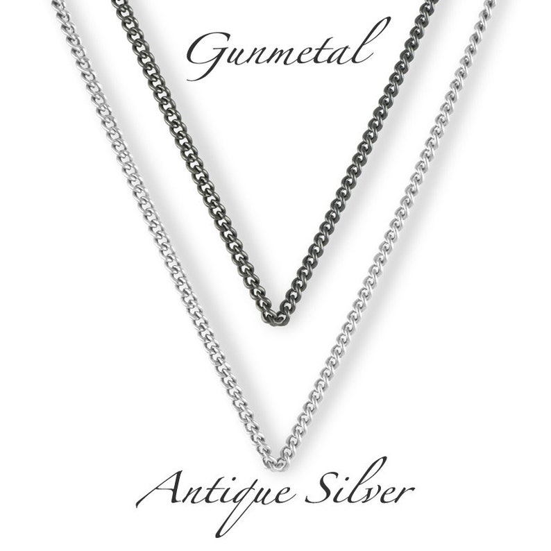 May include: Two chains, one silver and one gunmetal, are shown hanging against a white background. The silver chain is labeled "Antique Silver" and the gunmetal chain is labeled "Gunmetal".