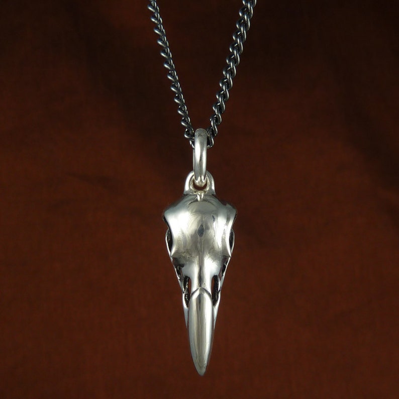 May include: A silver pendant necklace featuring a detailed bird skull design. The pendant is attached to a black chain.