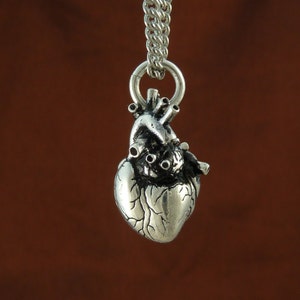 Gothic Heart Necklace Antique Silver Anatomical Heart Pendant on 24 Antique Silver Chain image 3