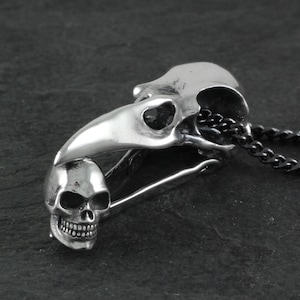 Raven Skull with Human Skull Necklace - Sterling Silver Raven Skull Pendant