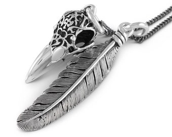 Bird Skull & Feather Necklace - Antique Silver Bird Skull and Feather Pendant