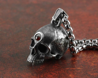 Vampire Skull - Sterling Silver Fang Skull Pendant with Garnet - Demon Skull Pendant