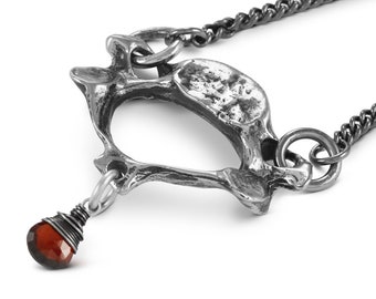 Vertebra and Garnet Necklace - Antique Silver Cervical Vertebra and Garnet Necklace - Anatomy Necklace