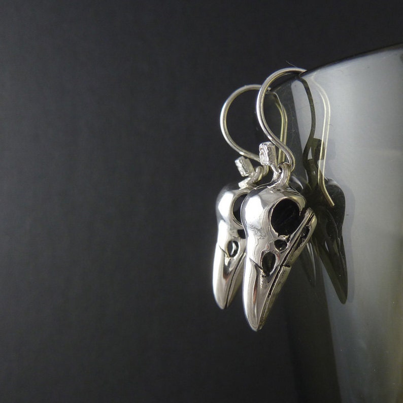 Bird Skull Earrings - Antique Silver Raven Skull Earrings image 2