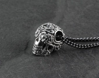 Small Day of the Dead Skull Necklace - Sterling Silver Day of the Dead Skull Pendant