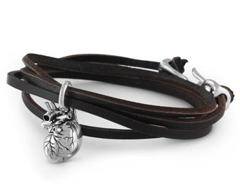 Anatomical Heart Leather Wrap Bracelet - Antique Silver Anatomical Heart Leather Wrap Bracelet