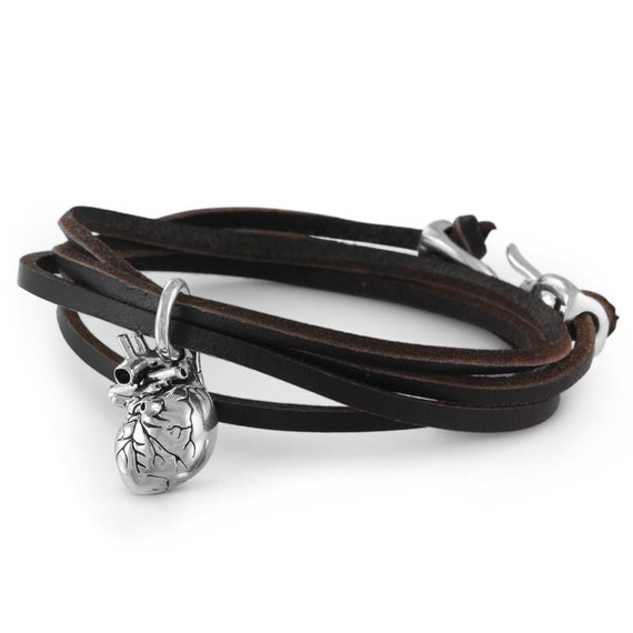 Anatomical Heart Leather Wrap Bracelet - Antique Silver Anatomical Heart Leather Wrap Bracelet