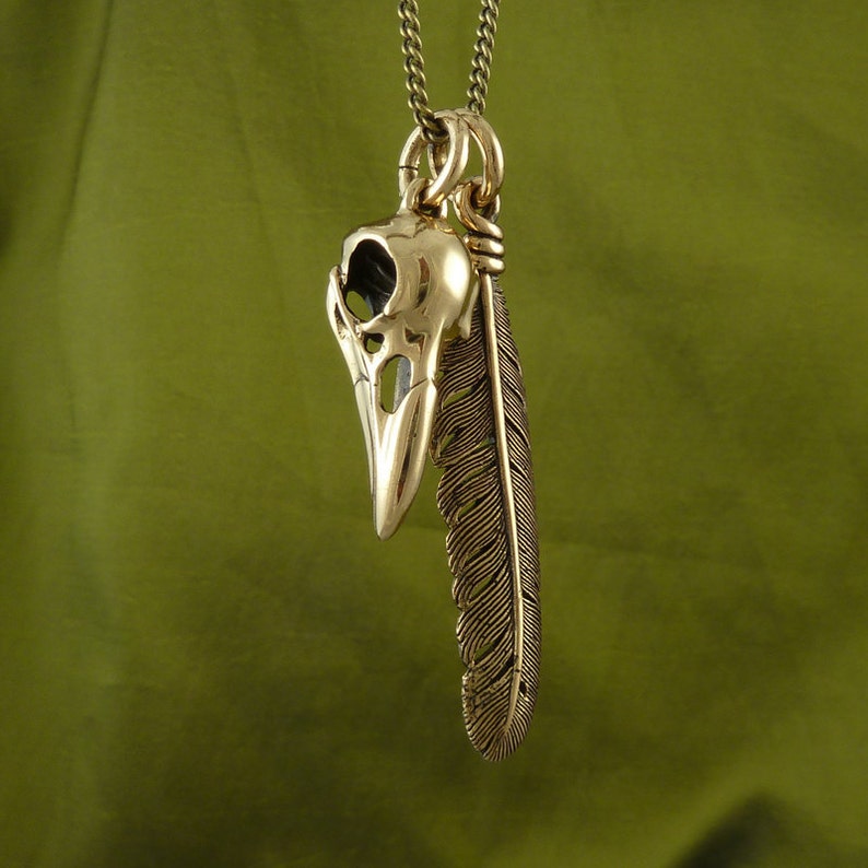 Bird Skull and Feather Necklace Bronze Raven Skull and Feather Pendant image 3