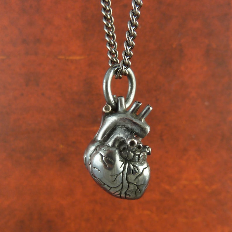 Sterling Silver Small Anatomical Heart Necklace Small Black Etsy